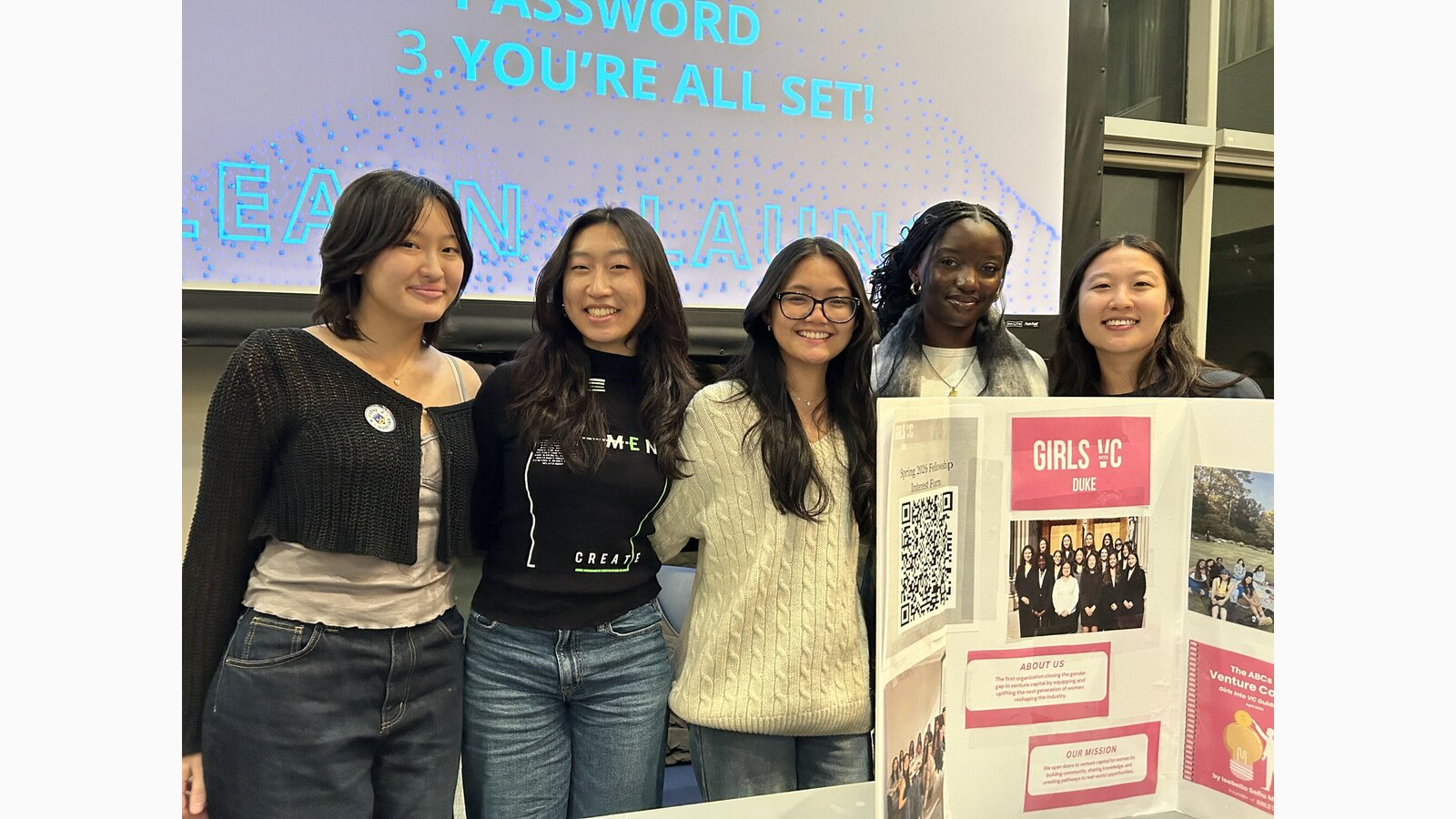 Girls Into VC members representing the chapter at a Duke student organization event