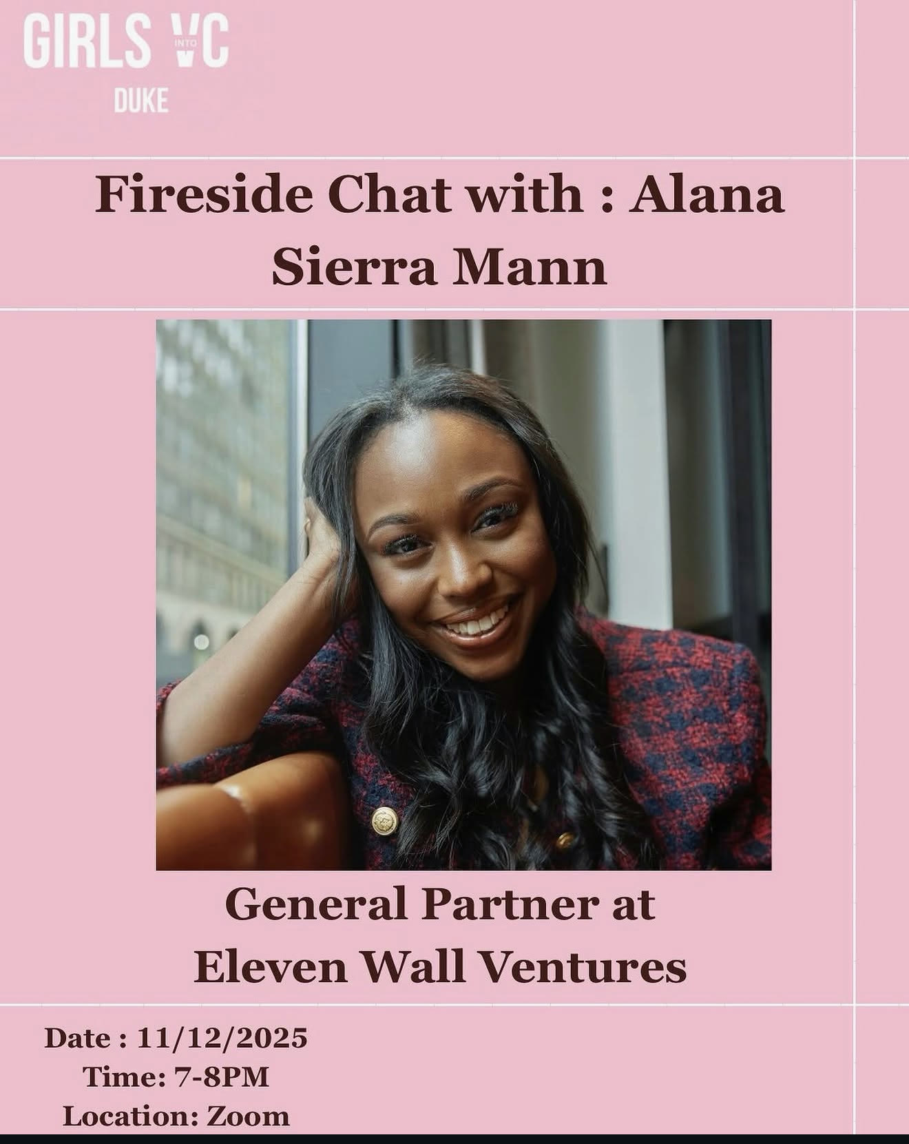 Event poster: Fireside Chat with Alana Sierra Mann